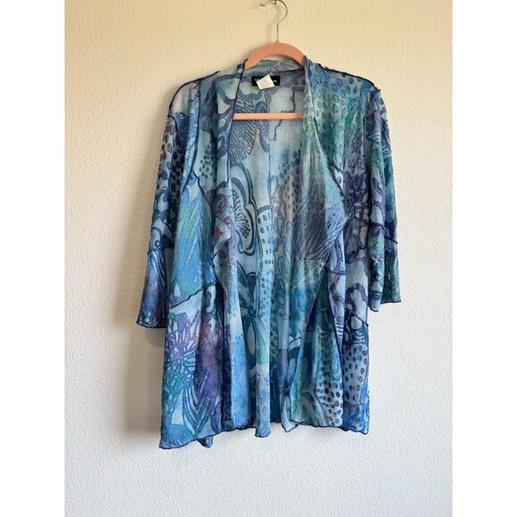Creation Women's Blue Purple Floral 3/4 Sleeve Open Knit Cardigan Petite Large - Picture 1 of 10